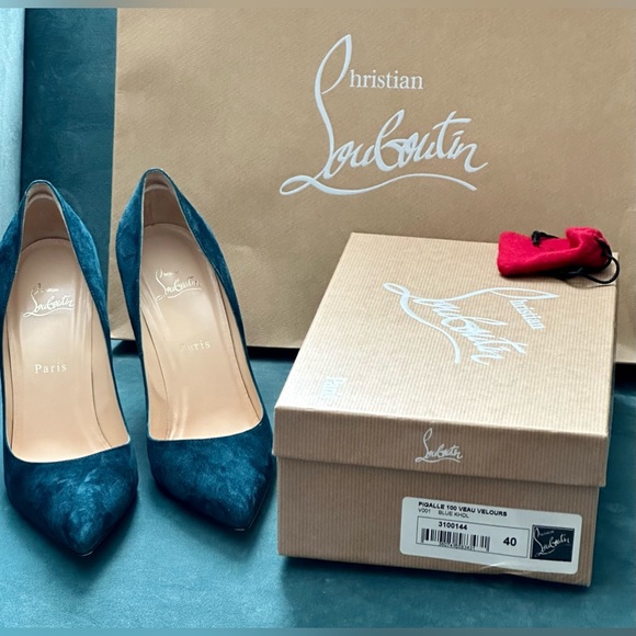 Christian Louboutin Pigalle 100 Veau Velours heels in rare Blue Kohl w/tips box - Picture 4 of 13